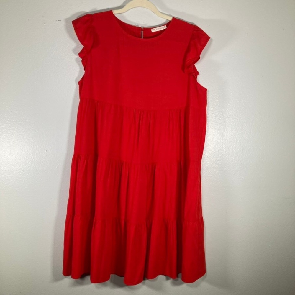 Kirundo Womens M Red Tiered Babydoll Mini Dress Flutter Sleeve